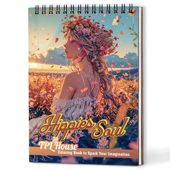 TPLHOUSE Hippies Soul Coloring Book Spiral Bound for Adults, A5 Wooden Cover, 30 Groovy Vibes Coloring Pages of Peace Love Hippies for Stress Relief and Relaxation