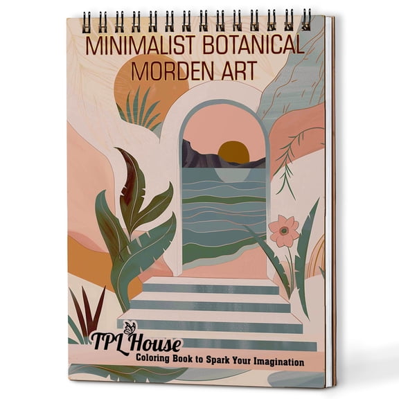 TPLHOUSE Minimalist Botanical Morden Art Coloring Book Spiral Bound for Adults, A5 Wooden Cover, 30 Easy Coloring Pages of Botanical Combined with Minimalist for Stress Relief and Relaxation