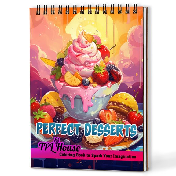 TPLHOUSE Perfect Desserts Coloring Book Spiral Bound for Adults, A5 Wooden Cover, 30 Sweet Coloring Pages of Exploring the Desserts World for Stress Relief and Relaxation