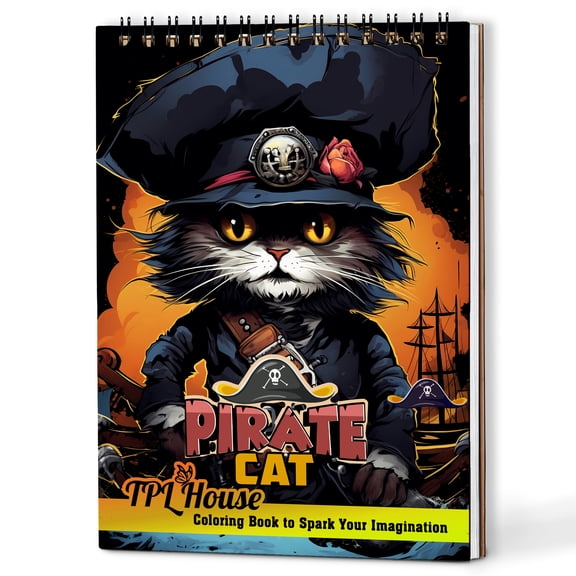 TPLHOUSE Pirate Cat Coloring Book Spiral Bound for Adults, A5 Wooden Cover, 30 Stunning Coloring Pages of Cat's Adventure for Stress Relief and Relaxation