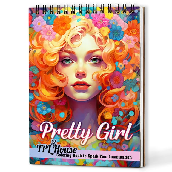 TPLHOUSE Pretty Girl Coloring Book Spiral Bound for Adults, A5 Wooden Cover, Featuring Beautiful Illustrations of Girl, Hairstyles, Girls Faces, Face Sketches Color for Stress Relief and Relaxation