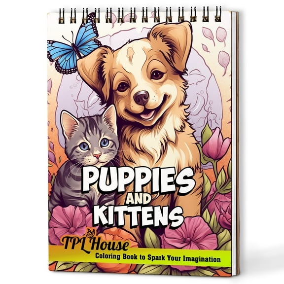 TPLHOUSE Puppies and Kittens Coloring Book Spiral Bound for Adults, A5 Wooden Cover, 30 Cute Pets Coloring Pages of Playful Moments for Stress Relief and Relaxation