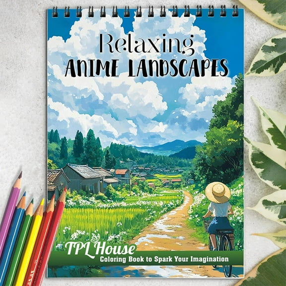 TPLHOUSE Relaxing Anime Landscapes Spiral Coloring Book for Adults Relaxation & Stress Relief, 30 Coloring Pages of Relaxing Anime Landscapes, Peaceful Scenes, and Beautiful Nature Views