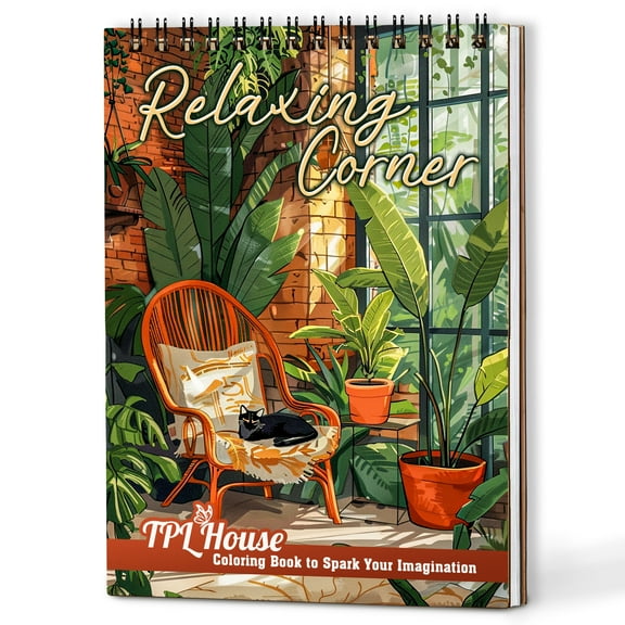 TPLHOUSE Relaxing Corner Coloring Book Spiral Bound for Adults, A5 Wooden Cover, 30 Peaceful, Calm and Cozy Space Coloring Pages for Stress Relief and Relaxation