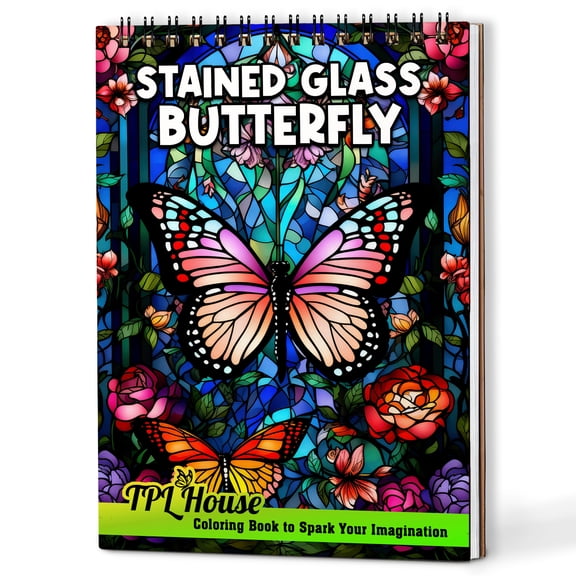 TPLHOUSE Stained Glass Butterfly Coloring Book Spiral Bound for Adults, A5 Wooden Cover, 30 Artistic Designs Coloring Pages of Butterfly Window Patterns for Stress Relief and Relaxation