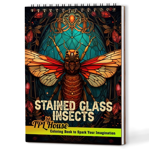 TPLHOUSE Stained Glass Insects Coloring Book Spiral Bound for Adults, A5 Wooden Cover, 30 Glass-Tinted Insects Coloring Pages of Intricate Patterns for Stress Relief and Relaxation