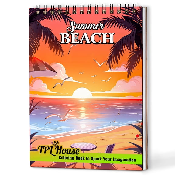 TPLHOUSE Summer Beach Coloring Book Spiral Bound for Adults, A5 Wooden Cover, 30 Relaxing Coloring Pages of Happy Summertime Scenes for Stress Relief and Relaxation