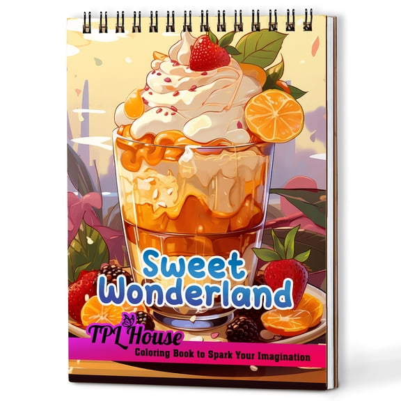 TPLHOUSE Sweet Wonderland Coloring Book Spiral Bound for Adults, A5 Wooden Cover, 30 Delightful Coloring Pages with Variety of Sweet Flavours for Stress Relief and Relaxation