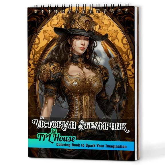 TPLHOUSE Victorian Steampunk Coloring Book Spiral Bound for Women Adults, A5 Wooden Cover, 30 Inspiring Coloring Pages of Women Portrait with Steampunk Style for Stress Relief and Relaxation