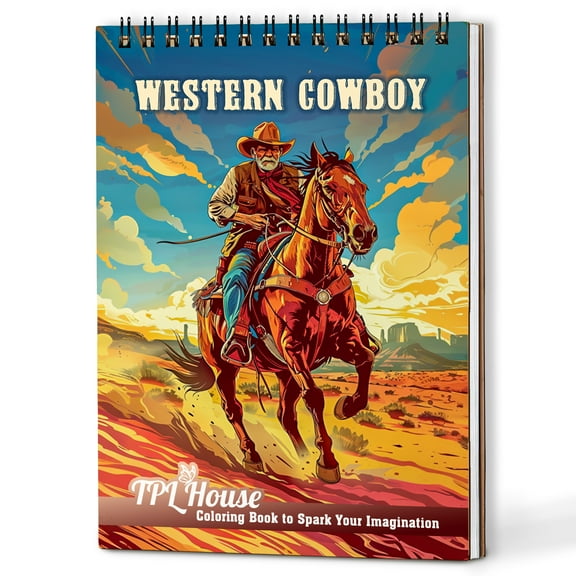 TPLHOUSE Western Cowboy Coloring Book Spiral Bound for Boys and Adults, A5 Wooden Cover, 30 Wild West Scene Coloring Pages of Cowboy Adventures for Stress Relief and Relaxation
