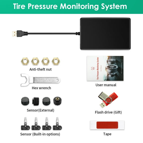 TPMS 4 Pcs Car Pickup Truck USB Wireless Tire Tyre Pressure Monitoring System Sensors Compatible With Android Car Radio Stereo Head Unit