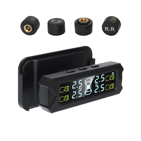 TPMS Air Pressure Alarm With 4 Sensors And Alarm Modes, Tire Pressure Monitoring System Real-time Display, With Solar And USB Charger For RV Car Truck SUV -black-Buzzer Announcement
