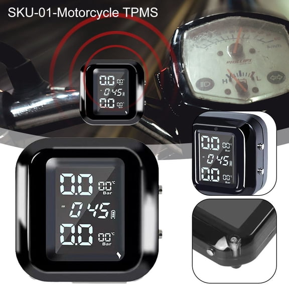 TPMS Motorcycle Tire Pressure Monitoring System Wireless LCD Display Real-Time tire Temperature Alarm With PSI BAR Units for 2 Wheels Black
