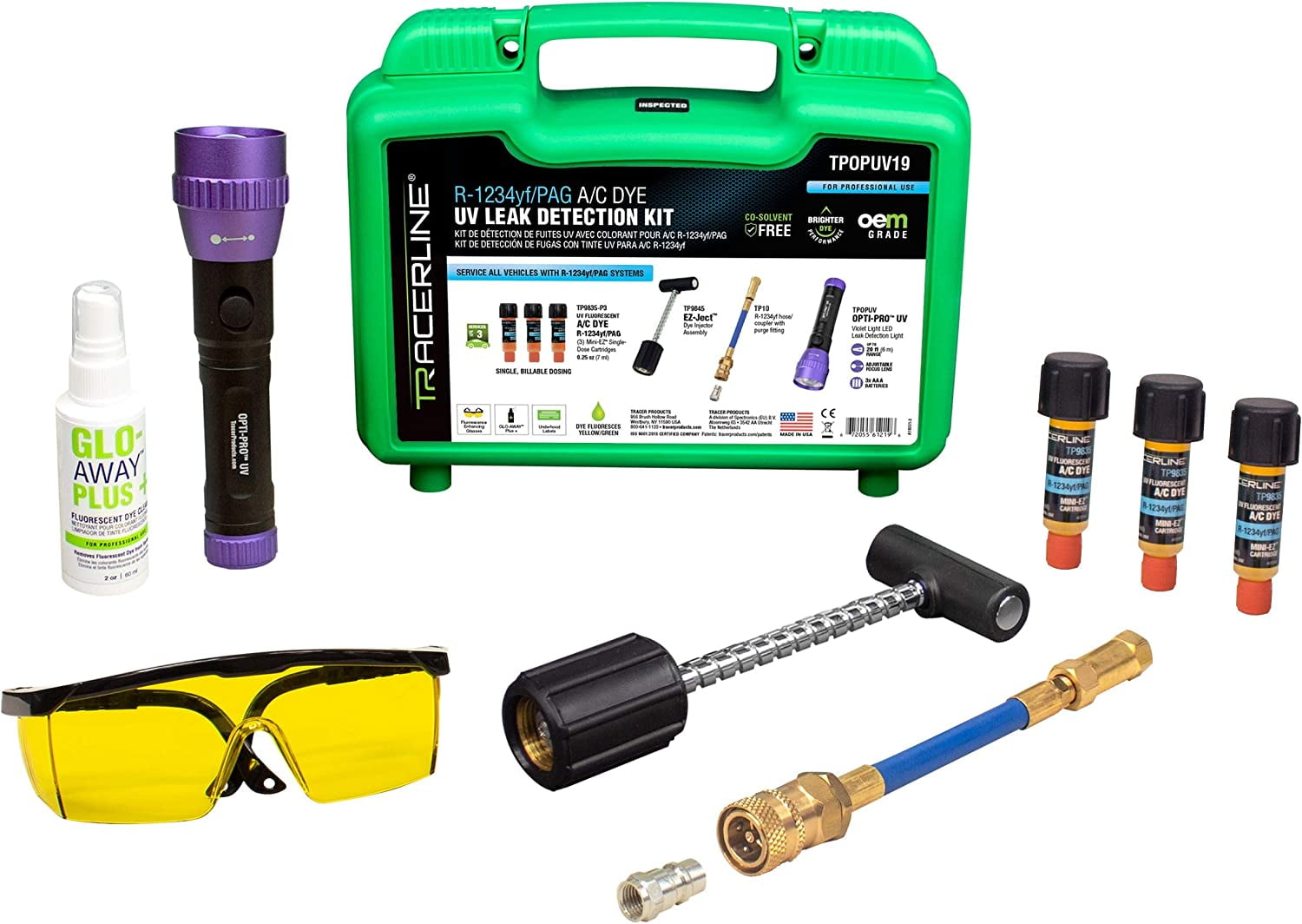 TPOPUV19 R1234yf Air Conditioning Refrigerant Leak Detection Dye Kit - (3) Mini-EZ Single-dose AC Dye, UV Flashlight, R-1234yf Coupler, EZ-Ject Injector, 2oz Glo-Away Cleaner, Made in USA
