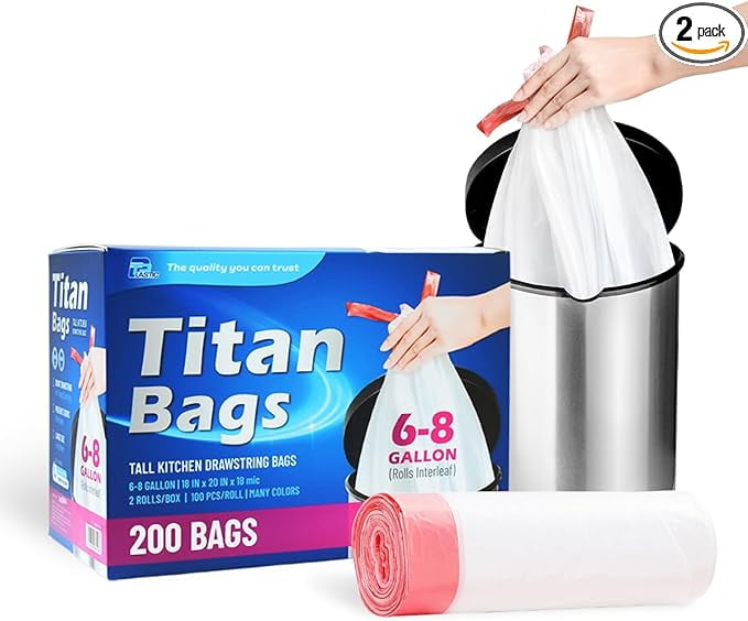 TPPlastic 8 Gallon Trash Bags Drawstring, Unscented, 200 Count - Small Trash Can Bags, 7-8 Gallon Garbage Bags for Kitchen