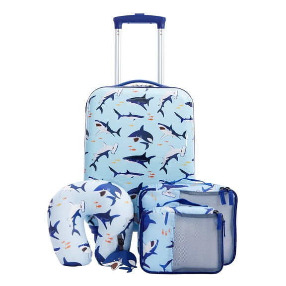 TPRC 5-Piece Kid's Hard-Side Luggage Set with 18" Spinner Rolling Carry-on- Shark