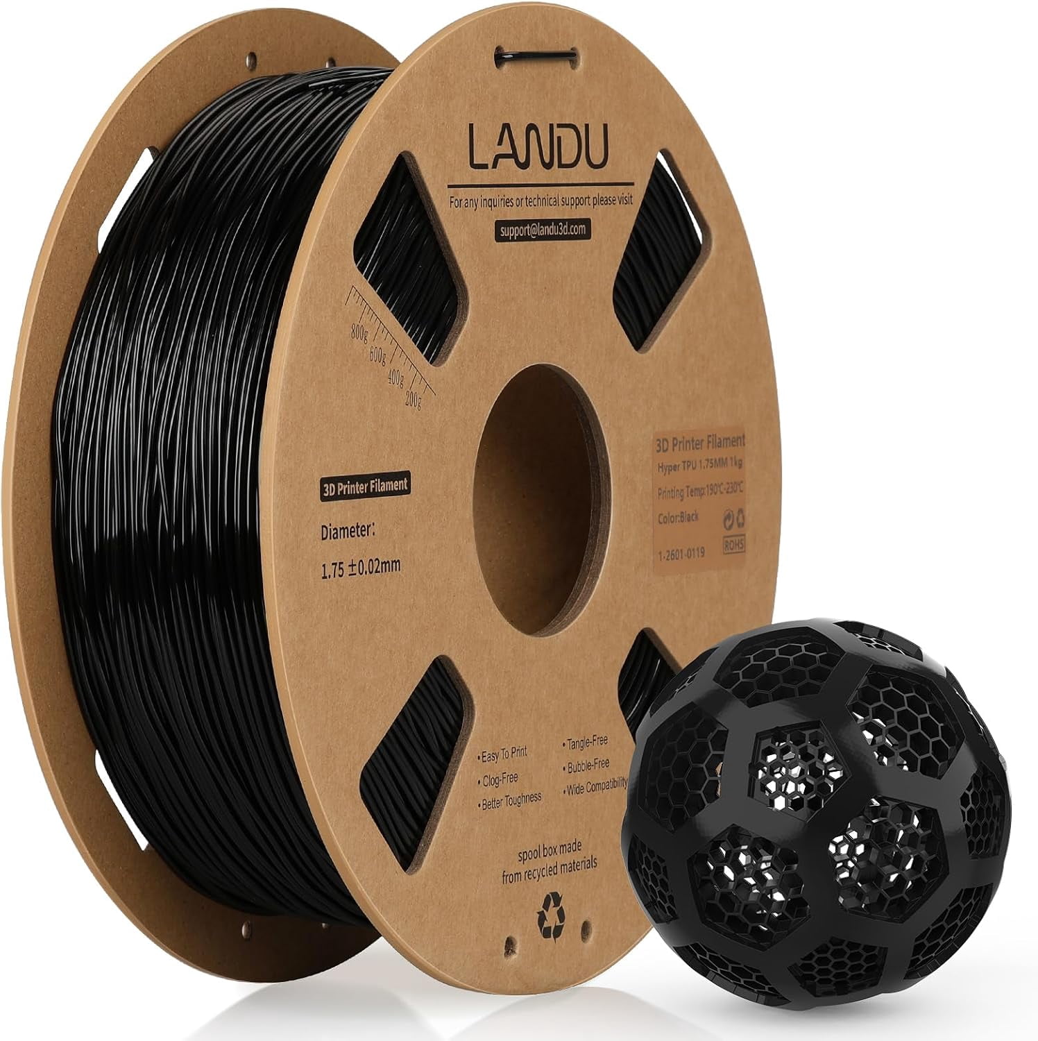 TPU 3D Printer Filament 1.75mm, High Speed 95A TPU Black Filament, 1KG Flexible 3D Filament for Fast Printing, Dimensional Accuracy +/- 0.02mm, Suitable for Most FFF 3D Printers（Black）
