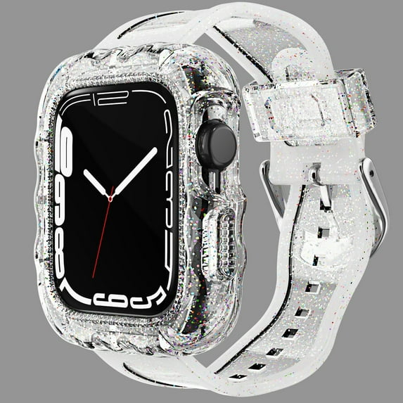 TPU Crystal Clear One-Piece Band Case Compatible with Apple Watch Bands 44mm, for Men Women Boys Girls Jelly Sport Case Band for iWatch Series 6/5/4/SE 44mm Shockproof Protective, Glitter