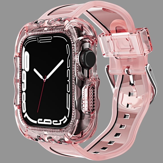 TPU Crystal Clear One-Piece Band Case Compatible with Apple Watch Bands 44mm, for Men Women Boys Girls Jelly Sport Case Band for iWatch Series 6/5/4/SE 44mm Shockproof Protective, Pink