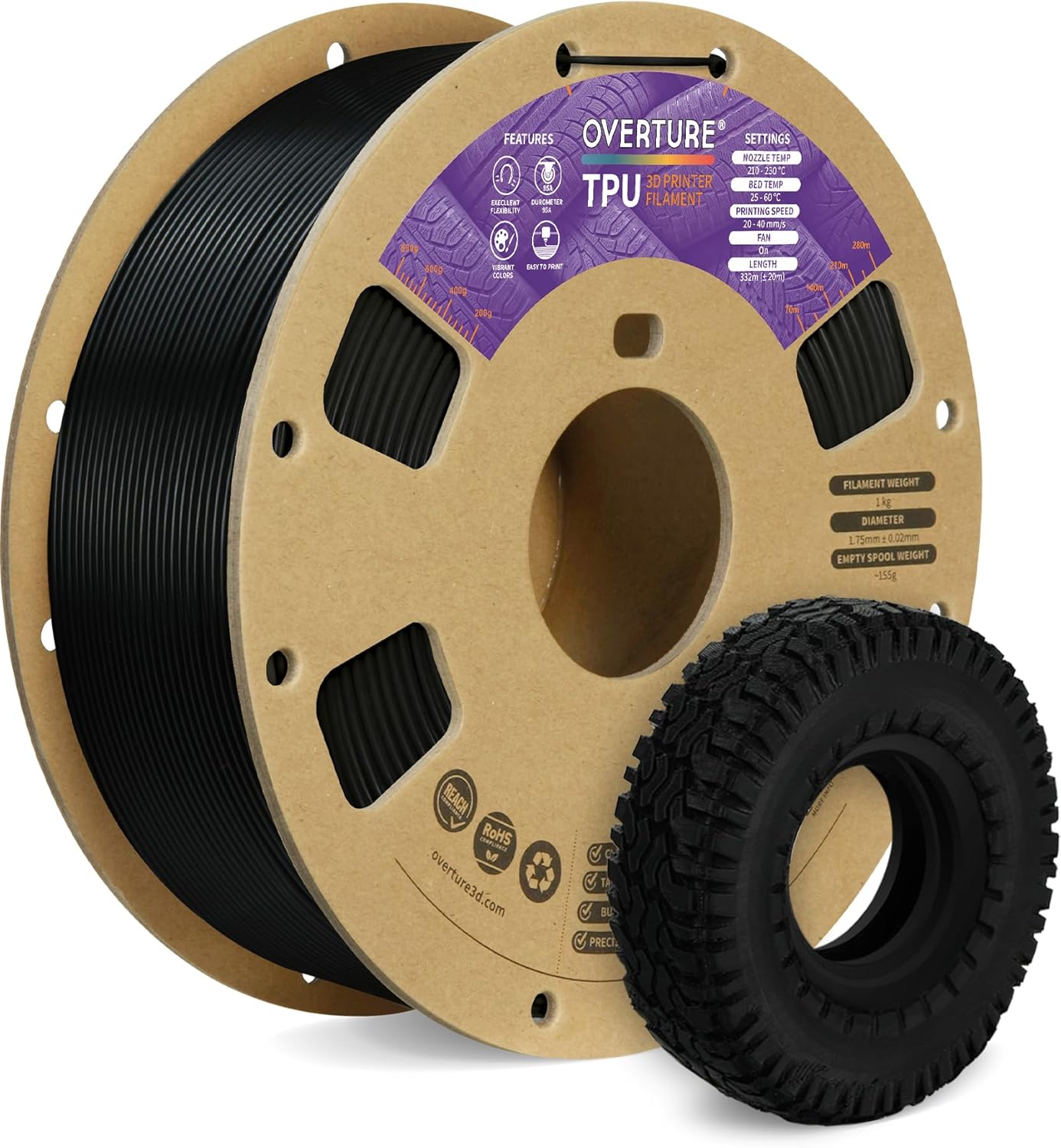 TPU Filament 1.75mm Flexible Roll, 95A Soft 3D Printer Filament, 1kg Spool (2.2 lbs), Fit Most FDM Printer (TPU Black)