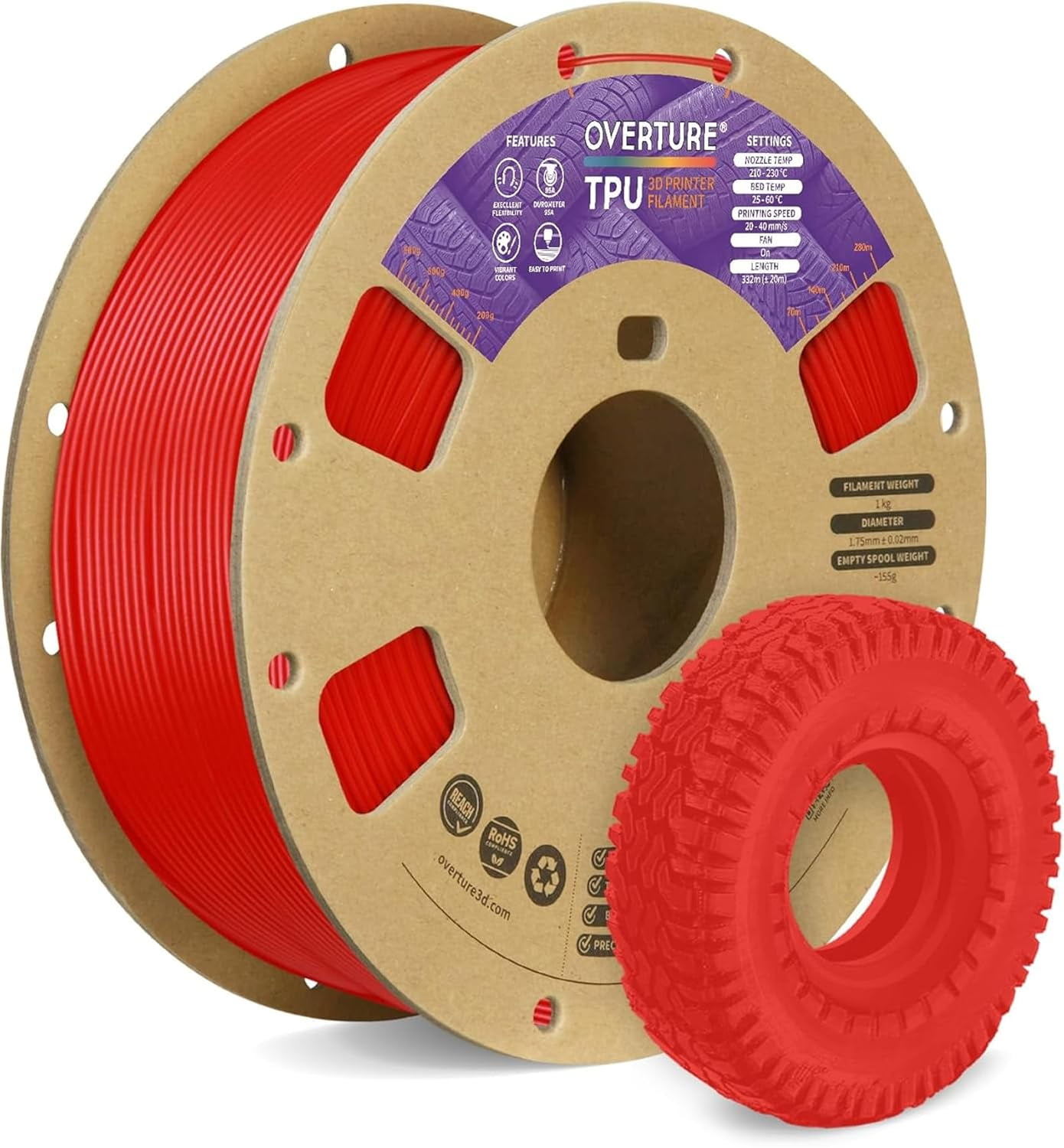 TPU Filament 1.75mm Flexible TPU Roll, 95A Soft 3D Printer Filament, 1kg Spool (2.2 lbs), Dimensional Accuracy +/- 0.02 mm (TPU Red)