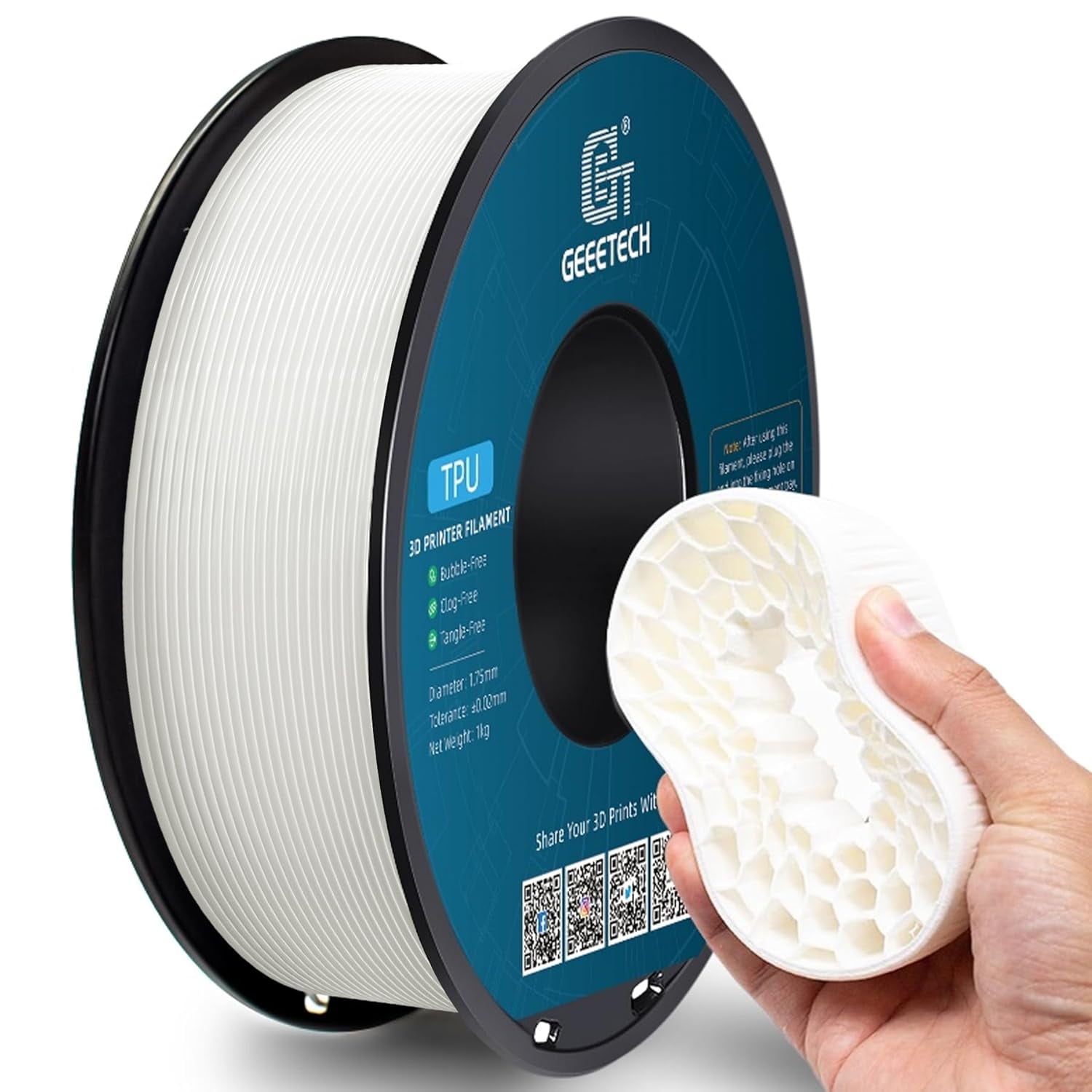 TPU Filament 1.75mm, Shore 95A – Flexible 3D Printer Filament with High Elasticity, 1KG (2.2lbs) Spool, Dimensional Accuracy ±0.03mm, Fits Most FDM Printers (White)
