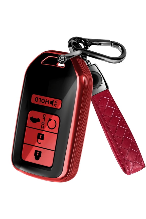 TPU Key Case Holder Protector with Leather Keychain for Honda Models: Compatible with Accord, Civic, CR-V, Fit, Pilot, Ridgeline, Crosstour (2015-2021 Key Fob)