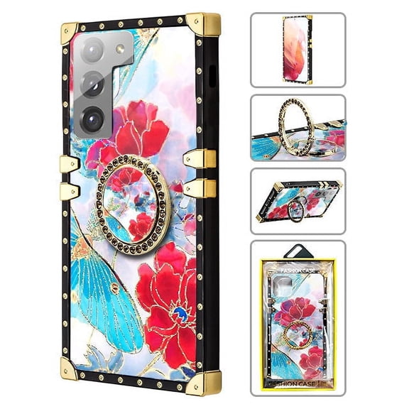 TPU Luxury Shiny Flower Fashion Case with Kickstand for Samsung Galaxy S21 (6.2") - Red
