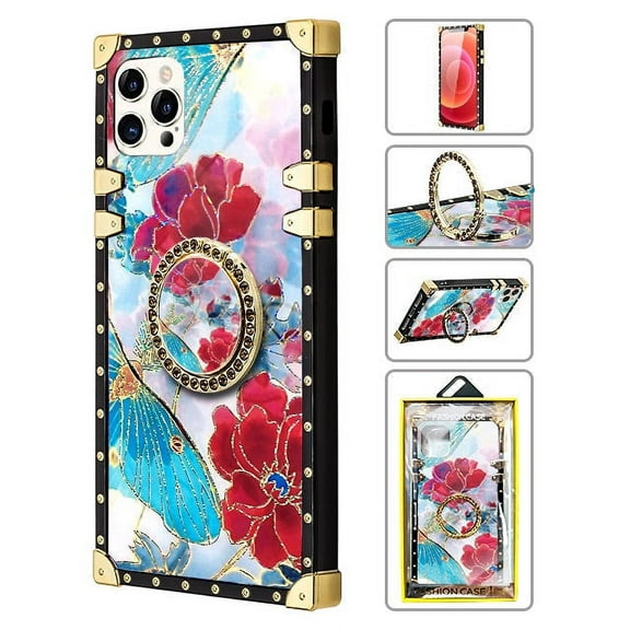 TPU Luxury Shiny Flower Fashion Case with Kickstand for iPhone 12 Pro Max (6.7") - Red