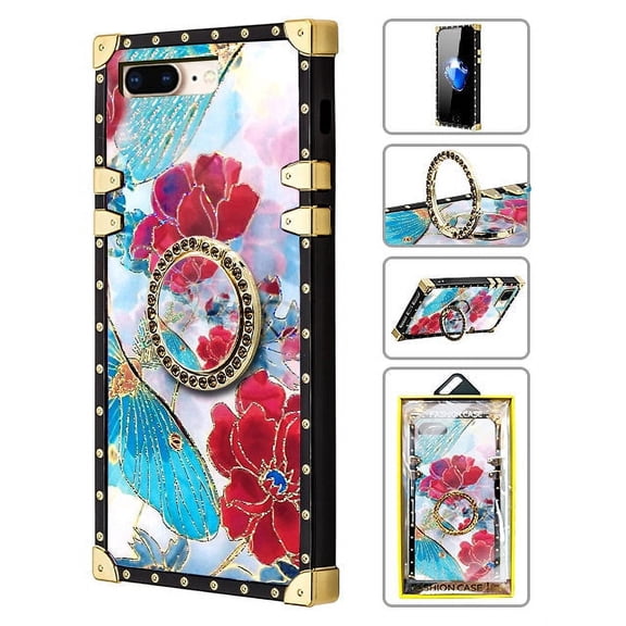 TPU Luxury Shiny Flower Fashion Case with Kickstand for iPhone 8/7 Plus - Red