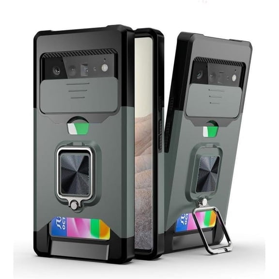 TPU+PC Holder Slot Adjustable Stand Case with 360 ° Ring Holder Support Protective Cover Push Window Insert Card Phone Case Compatible with Google Pixel 8 Pro 7A/6A/5A (Green,Google Pixel 8 Pro)