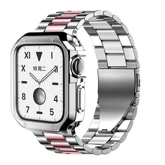 TPU Protector Case+Metal Strap for Apple Watch Ultra Band 49mm 45/44mm 41mm 40/38 Stainless steel Bracelet series 3 5 6 se 7 8 9 (Silver Pink,series 321 42mm)