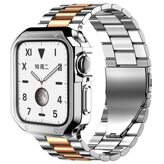 TPU Protector Case+Metal Strap for Apple Watch Ultra Band 49mm 45/44mm 41mm 40/38 Stainless steel Bracelet series 3 5 6 se 7 8 9 (Silver Rose Gold,series 321 42mm)