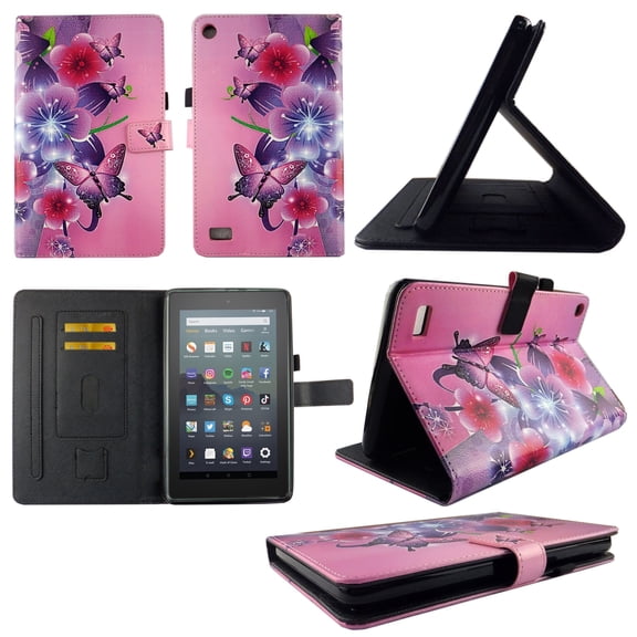 TPU Shell Case for All-New Amazon Fire HD 7 9th / 7th Gen 2019 / 2017 Pk Flower Butterfly Slim PU Leather Folding Stand Cover with Auto Wake/Sleep for 7 Inch