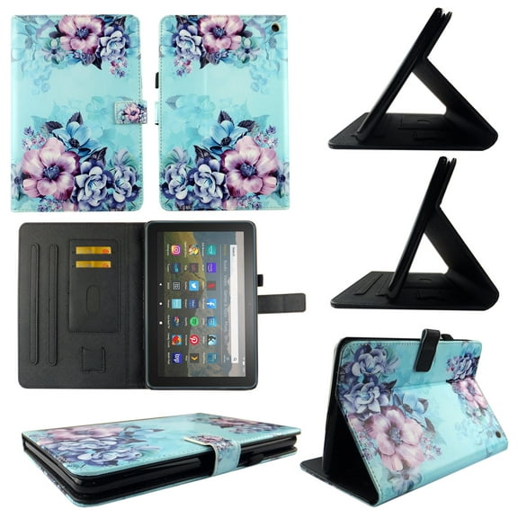 TPU Shell Case for All-New Amazon Fire HD 8 / HD 8 Plus (10th Gen. 2020) Blue Flower Slim PU Leather Folding Stand Cover with Auto Wake/Sleep for 8 Inch