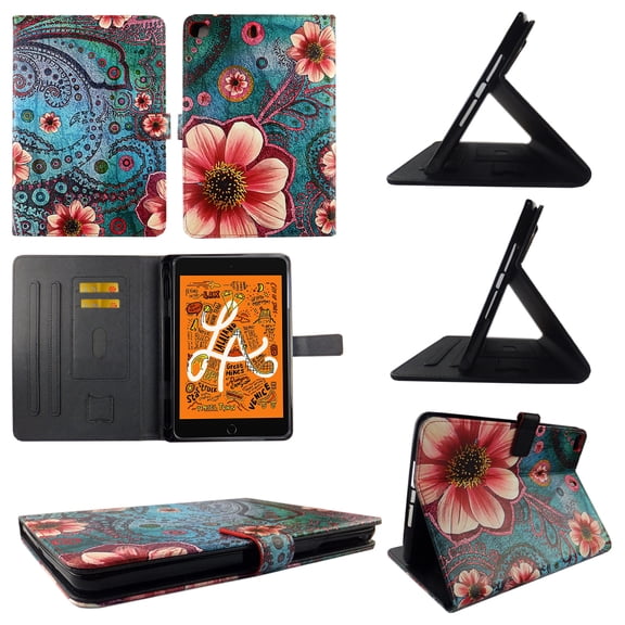 TPU Shell Case for iPad Mini 4 (2015) 4th Gen Pk Flower Paisley Slim PU Leather Folding Stand Cover with Auto Wake/Sleep for 7.9 Inch