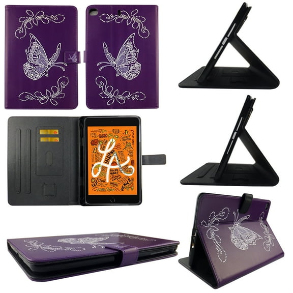 TPU Shell Case for iPad Mini 5 (2019) 5th Gen Purple Butterfly Slim PU Leather Folding Stand Cover with Auto Wake/Sleep for 7.9 Inch