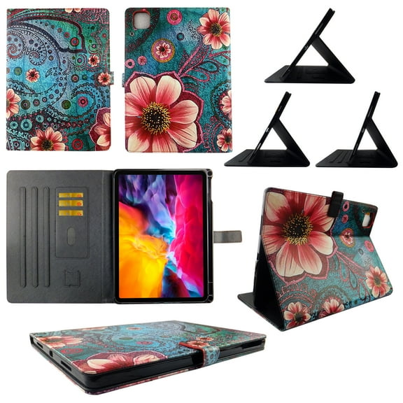 TPU Shell Case for iPad Pro 12.9 2020 / 2019 Pk Flower Paisley Slim PU Leather Folding Stand Cover with Auto Wake/Sleep for 12.9 Inch