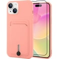 thumbnail image 1 of TPU Wallet Compatible with iPhone 15 Case 2023, Card Holder Camera Protection Cover + Screen Protector, Push-able Card Slot Silicone Soft Case Girls Women -Pink, 1 of 12
