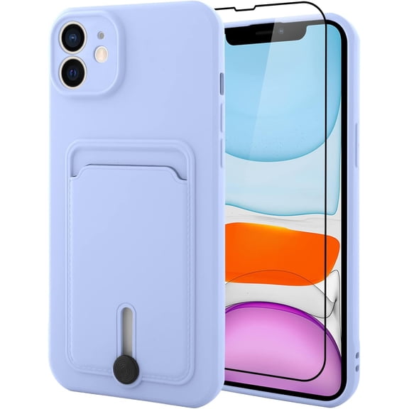 TPU Wallet iPhone 11 Case, Card Holder Camera Protection Cover + Screen Protector, Push-able Card Slot Case Compatible with iPhone 11 Phone Case Girls Women -Purple