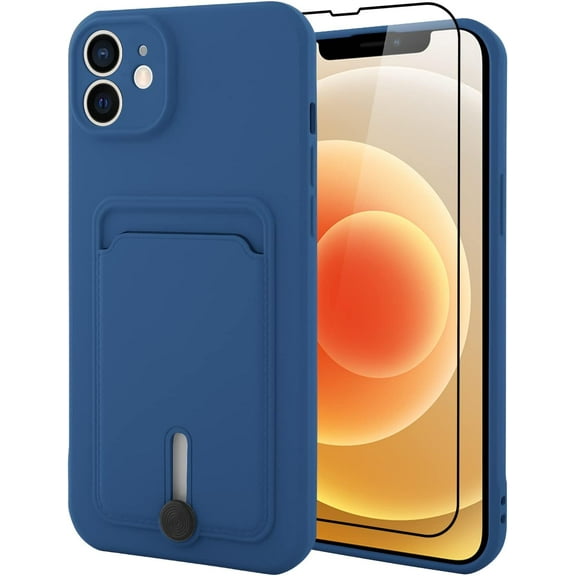 TPU Wallet iPhone 12 Case, Card Holder Camera Protection Cover + Screen Protector, Push-able Card Slot Case Compatible with iPhone 12 Phone Case Girls Women -Blue