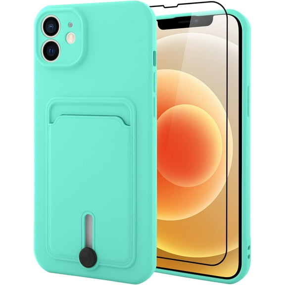 TPU Wallet iPhone 12 Case, Card Holder Camera Protection Cover + Screen Protector, Push-able Card Slot Case Compatible with iPhone 12 Phone Case Girls Women -Green