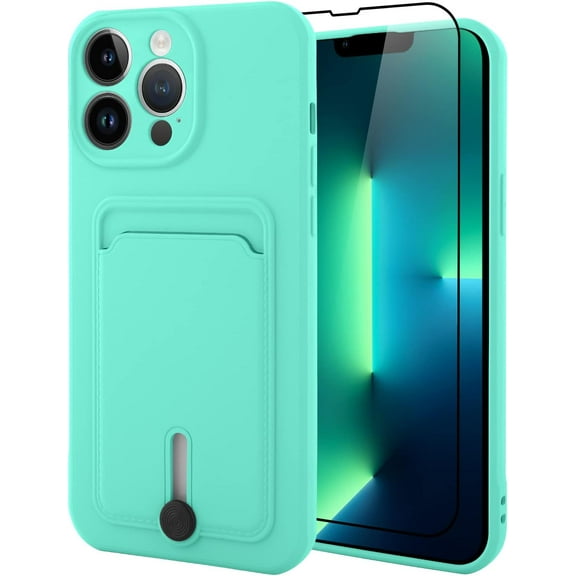 TPU Wallet iPhone 13 Pro Case, Card Holder Camera Protection Cover + Screen Protector, Push-able Card Slot Case Compatible with iPhone 13 Pro Phone Case Girls Women -Green