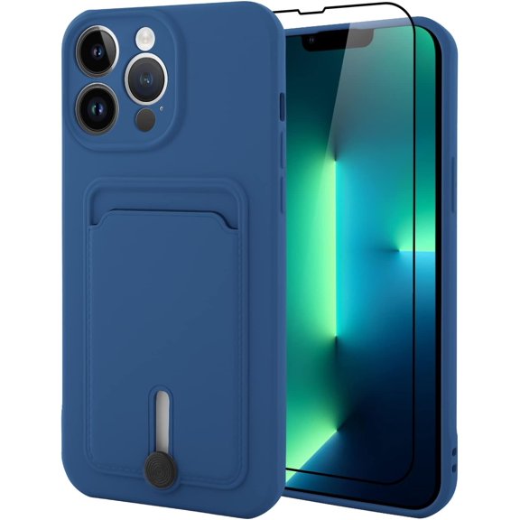 TPU Wallet iPhone 13 Pro Case, Card Holder Camera Protection Cover + Screen Protector, Push-able Card Slot Case Compatible with iPhone 13 Pro Phone Case Girls Women -Blue