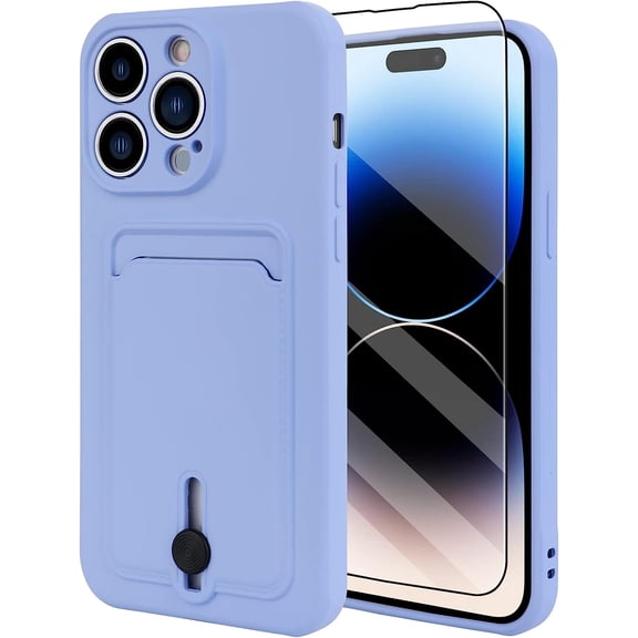 TPU Wallet iPhone 14 Pro Max Case, Card Holder Camera Protection Cover + Screen Protector, Push-able Card Slot Case Compatible with iPhone 14 Pro Max Phone Case Girls Women -Purple
