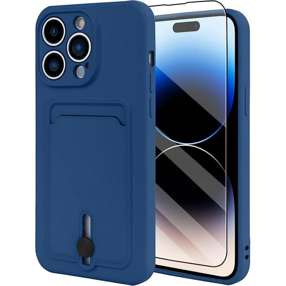TPU Wallet iPhone 14 Pro Max Case, Card Holder Camera Protection Cover + Screen Protector, Push-able Card Slot Case Compatible with iPhone 14 Pro Max Phone Case Girls Women -Blue