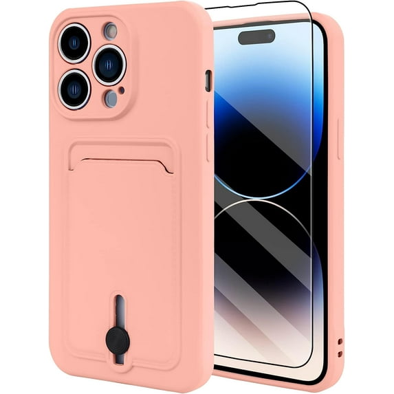 TPU Wallet iPhone 14 Pro Max Case, Card Holder Camera Protection Cover + Screen Protector, Push-able Card Slot Case Compatible with iPhone 14 Pro Max Phone Case Girls Women -Pink