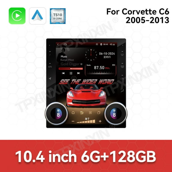 TPXINXIN 10.4 Inch Multimedia Player For Corvette C6 2005-2013 Car Radio CarPlay Vertical Screen Android 13 GPS Navigation Head Unit Auto
