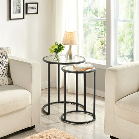 TPY 2pcs Round End Table, Metal Frame & Glass Top, Modern Nesting Side Tables for Living Room, Bedroom, Office, Furniture for Home, Gold/Black