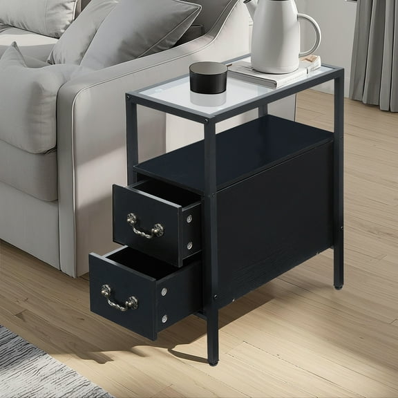 TPY Tempered Glass Top Nightstand, 1/2 pcs Bedside Tables with 2-Drawer and Open Storage Shelves, Metal Frame Side End Table for Living Room, Bedroom